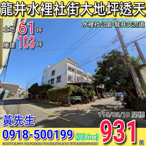 龍井水裡社街邊間大地坪透天近水裡社公園