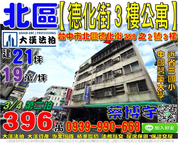 北區德化街258之2號3樓法拍屋公寓中國醫藥大學商圈省三國小