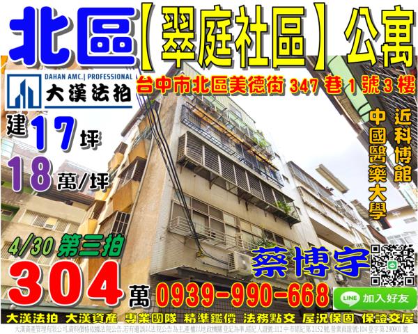 北區美德街347巷1號3樓法拍屋翠庭社區公寓中國醫藥大學科博