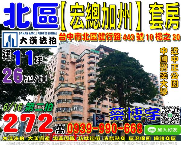 北區健行路443號10樓之20宏總加州法拍屋套房中國醫藥大學