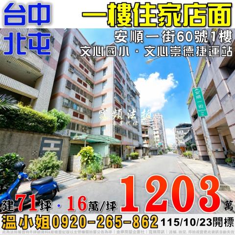 北屯法拍屋安順一街60號一樓店面近文心崇德捷運站文心國小