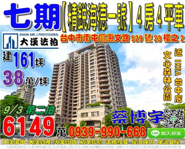 南屯區惠文路529號23樓之2七期精銳海德一號法拍屋文心森林