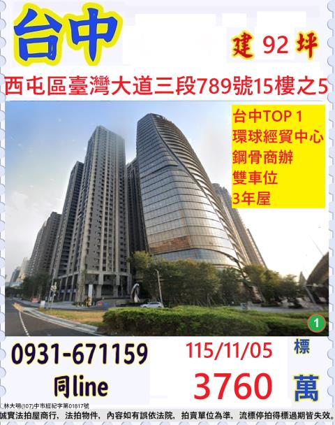 中市西屯區臺灣大道三段789號十五樓之5